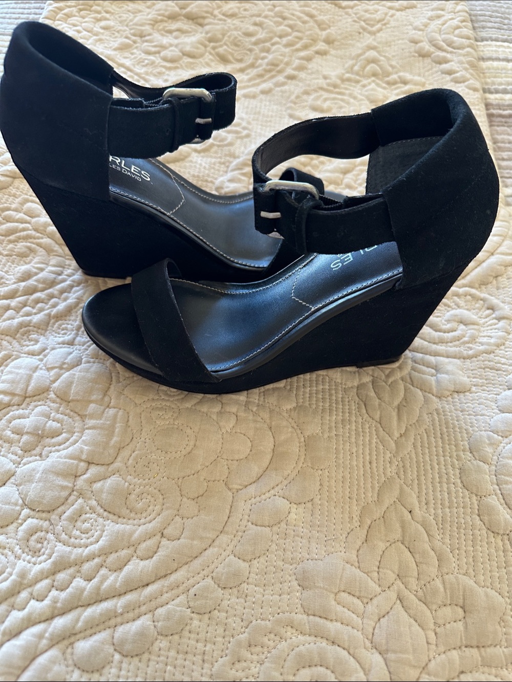 Charles by Charles David Black Suede Wedge Sandals with Ankle Buckle